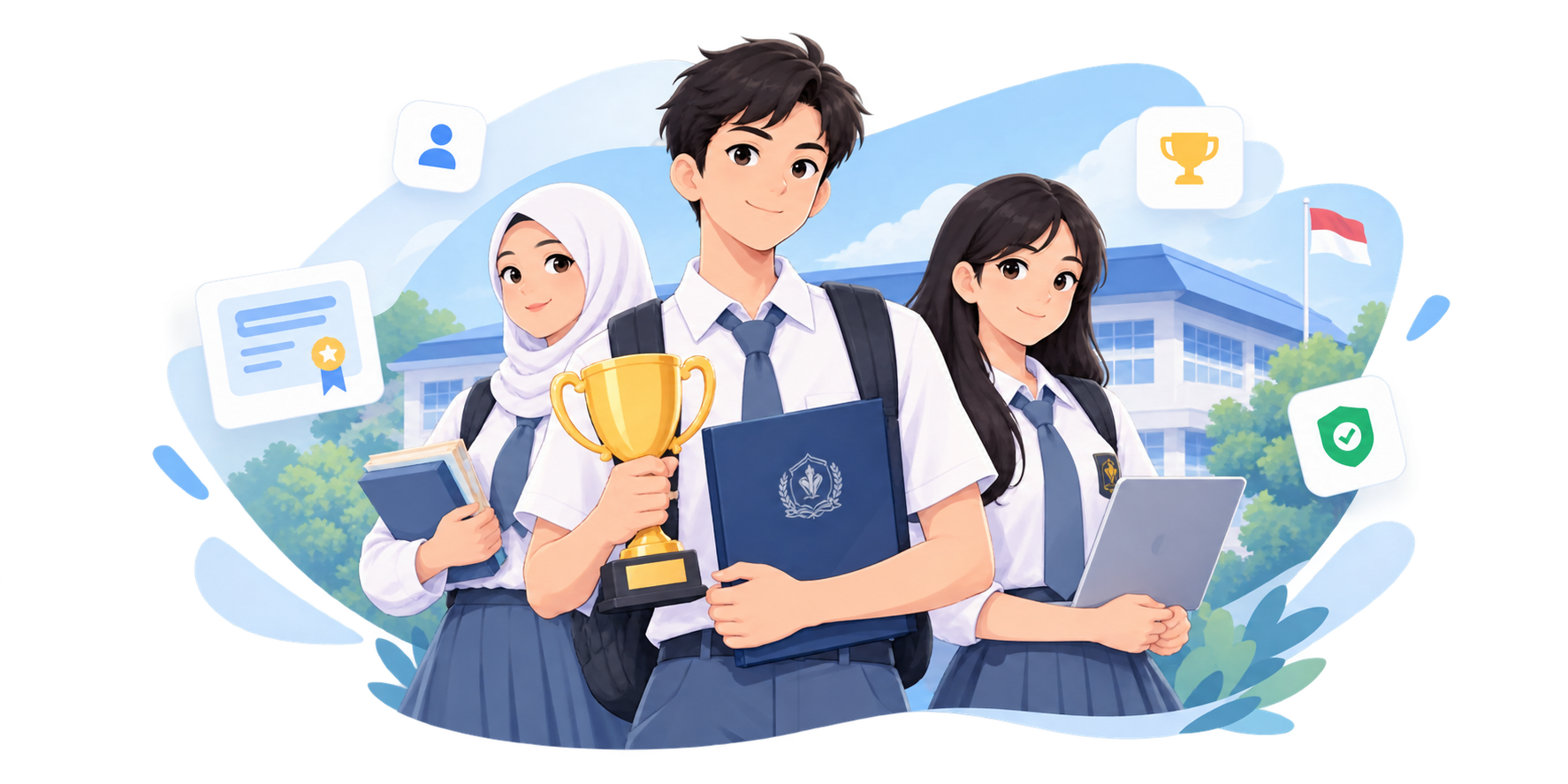 Ilustrasi tiga siswa berprestasi di lingkungan sekolah